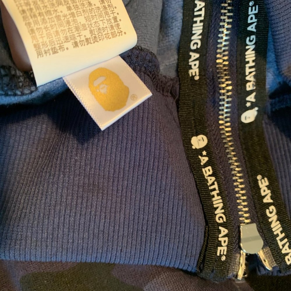 Bape BLUE Camo Tiger Shark Wide Full Zip Double Hood Hoodie LARGE Bathing Ape - Picture 8 of 16